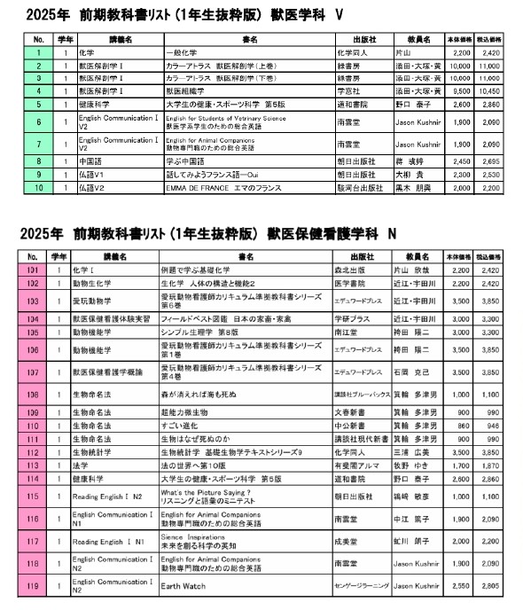 教科書・教材についてのご案内｜日本獣医生命科学大学生活協同組合