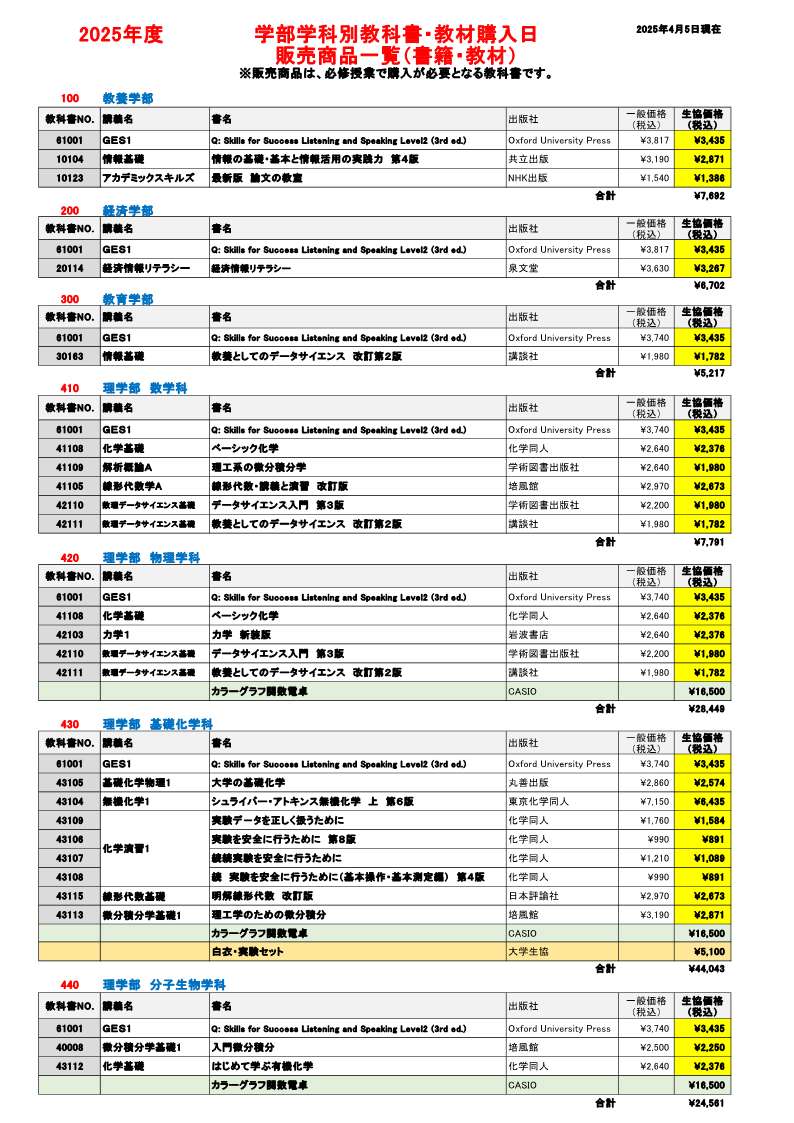 新入生向け】教科書・教材購入日｜埼玉大学生活協同組合受験生